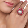 Gold Plated Red Flower Kundan Ring