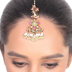 Gold Plated Vivaah Kundan Red Green Floral Tikka