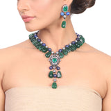 Silver Plated Manihaar Zircon Lapiz Green Onyx Necklace Set