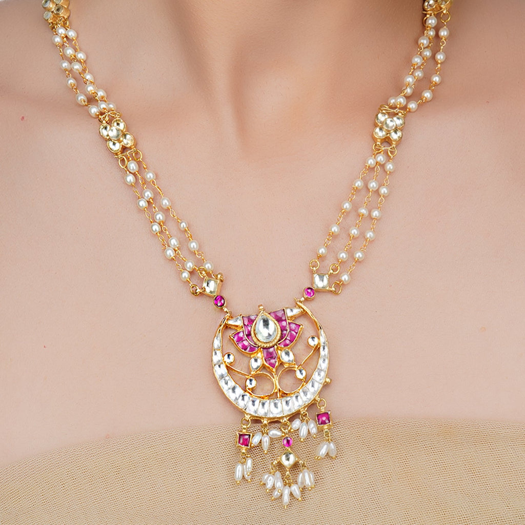 Gold Plated Sankrant Red Lotus Kundan Pearl Necklace Set