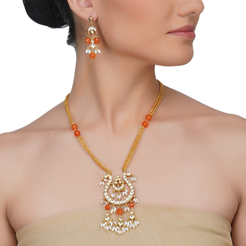 Gold Plated Sankrant Kundan Carnelian Necklace Set