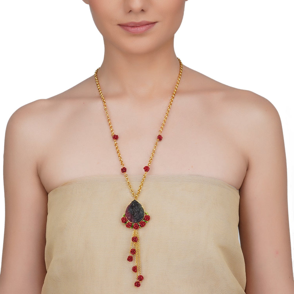 Gold Plated Sankrant Coral  Rose Druzy Necklace