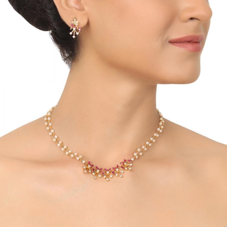 GOLD PLATED PURNA RED WHITE NECKLACE SET