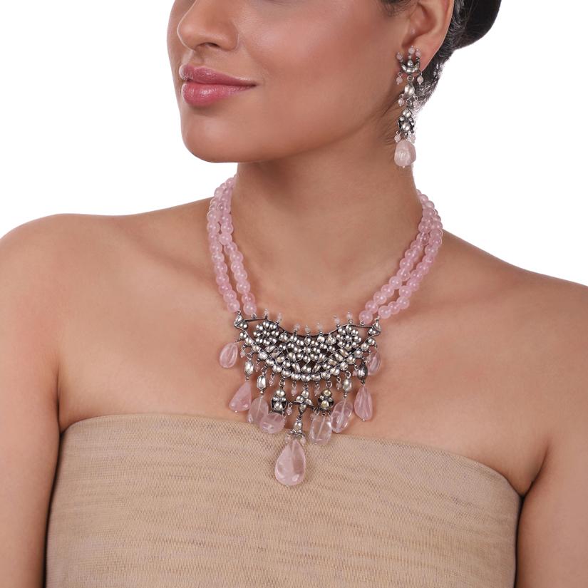 Silver Plated Pacchi Rose Quartz Necklace Set
