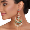 GOLD PLATED TEEJ GREEN RED KUNDAN EARRINGS